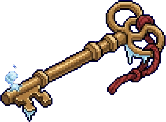 The ornate brass skeleton key with a red wool thread knotted through its bow